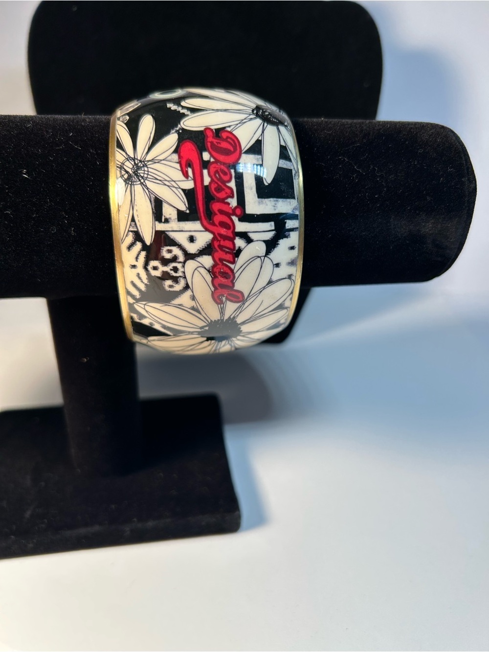 Desigual Black & White Floral Resin Cuff with Red Logo